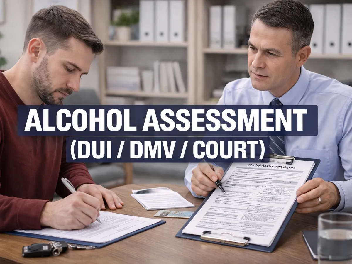 A professional counselor reviewing an Alcohol Assessment Report with a client in an office, featuring large text overlay that reads "ALCOHOL ASSESSMENT (DUI / DMV / COURT)."