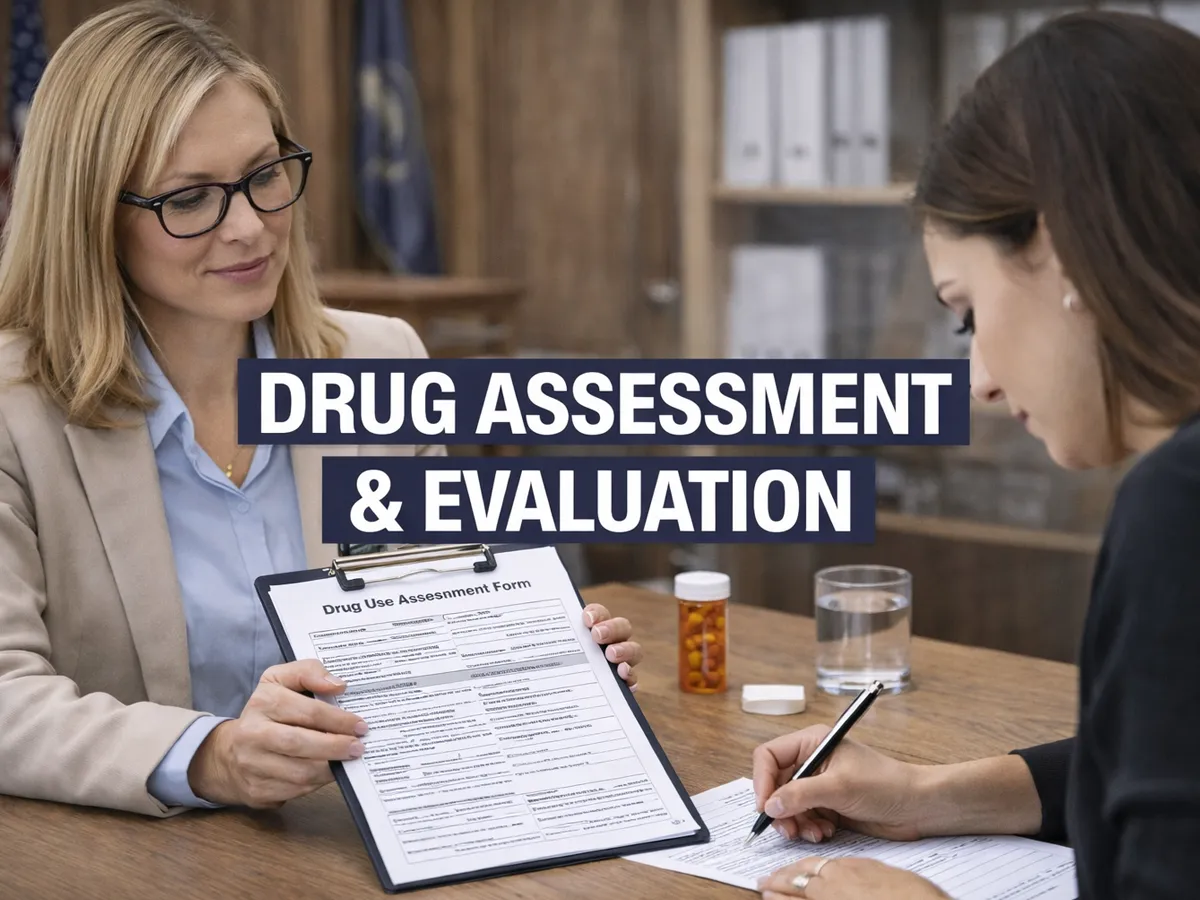 A professional female evaluator holding a "Drug Use Assessment Form" for a client to sign, featuring large text overlay that reads "DRUG ASSESSMENT & EVALUATION," representing structured clinical intake, medical reporting, and substance use evaluation for legal compliance in Reno.