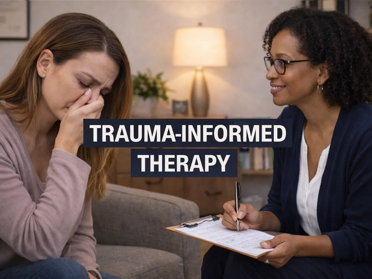 A professional female clinician providing supportive care to a client in a Reno therapy office, featuring large text overlay that reads "TRAUMA-INFORMED THERAPY," representing clinical safety, stabilization, and gradual recovery from high-stress life events.