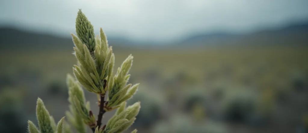 Symbolizing Seed/New Beginning: A local Rabbitbrush new green bud on a branch. - AI Generated