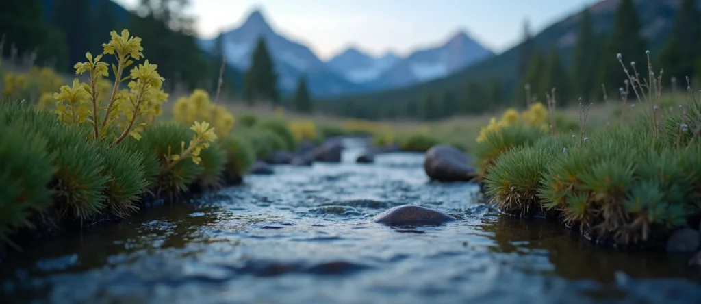 Symbolizing Flow/Cleansing: A local Indian Paintbrush clear cold snowmelt stream. - AI Generated
