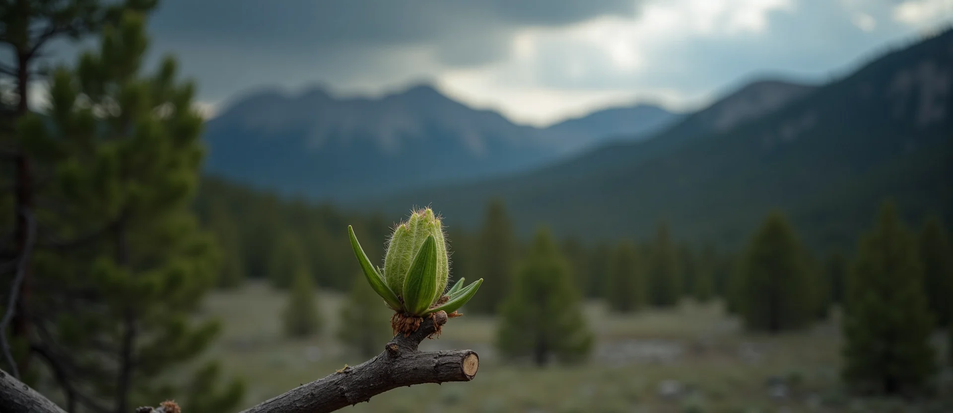 Symbolizing Seed/New Beginning: A local Ponderosa Pine new green bud on a branch. - AI Generated
