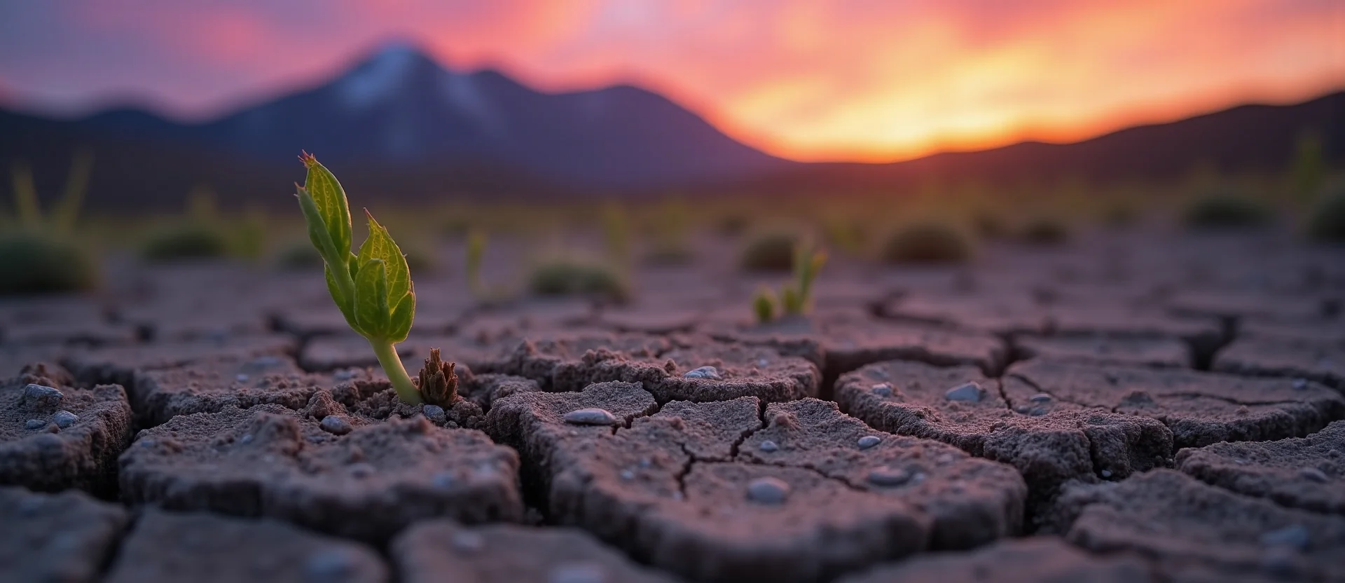 Symbolizing Seed/New Beginning: A local Bitterbrush shoot emerging from cracked soil. - AI Generated
