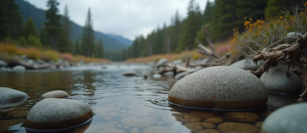 Symbolizing Flow/Cleansing: A local Sierra Juniper smooth Truckee river stones. - AI Generated