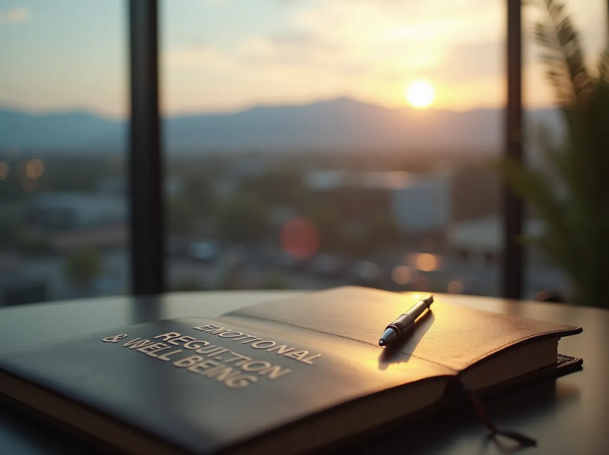 A professional "Emotional Regulation & Well-Being" notebook and pen on a desk in a Reno treatment center, representing structured anxiety and depression counseling and long-term therapeutic support.