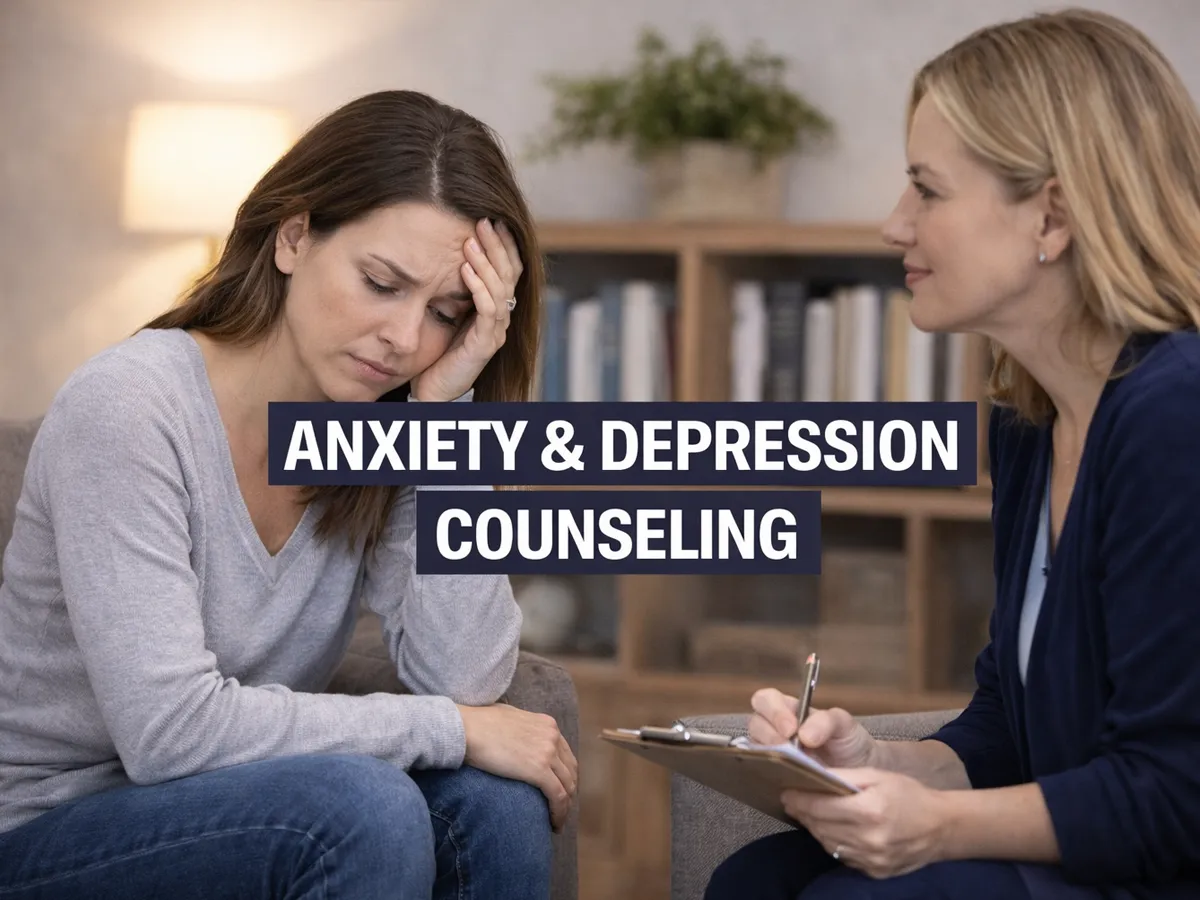 A professional female clinician providing therapeutic support to a client in a Reno treatment center, featuring large text overlay that reads "ANXIETY & DEPRESSION COUNSELING," representing structured mental health therapy, emotional regulation, and evidence-based coping strategies.