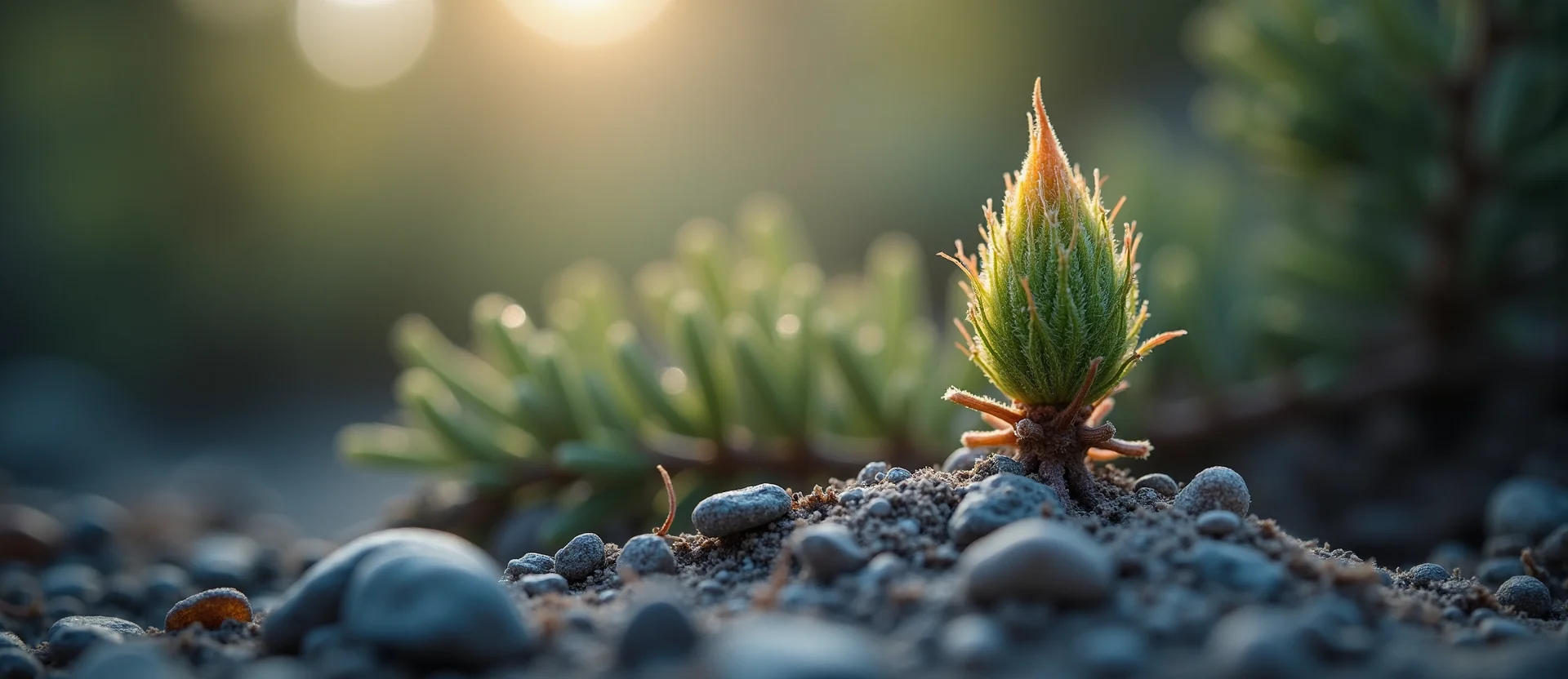 Symbolizing Seed/New Beginning: A local Sierra Juniper new green bud on a branch. - AI Generated