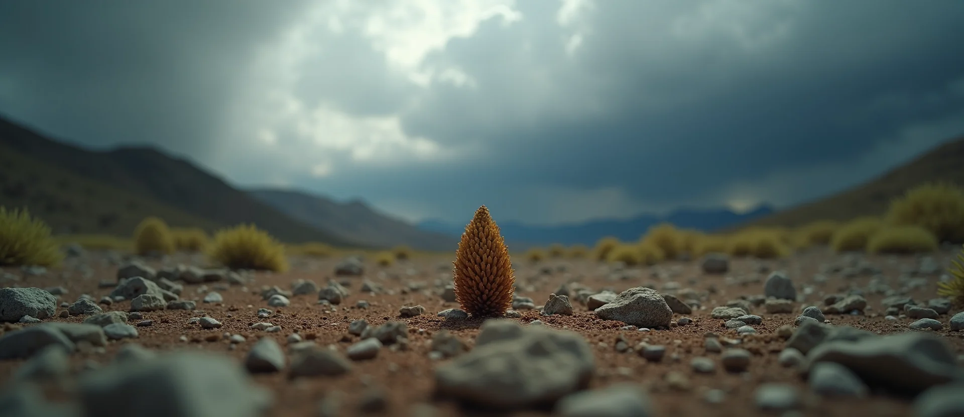 Symbolizing Seed/New Beginning: A local Indian Paintbrush single pine seed on dry earth. - AI Generated