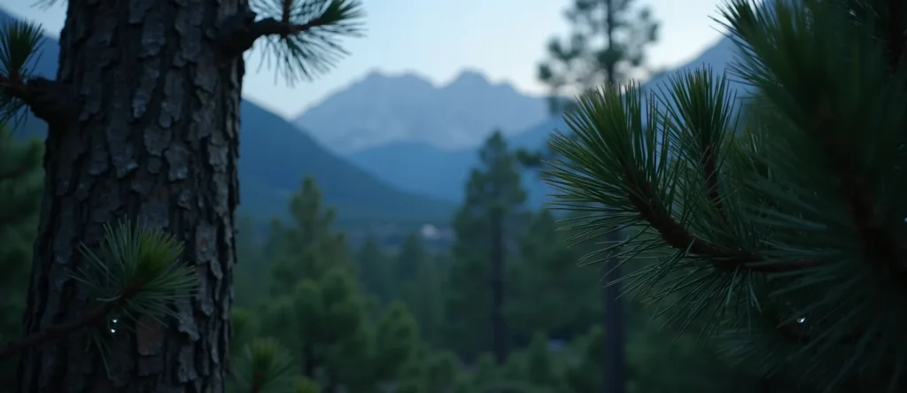 Symbolizing Flow/Cleansing: A local Ponderosa Pine raindrops on desert leaves. - AI Generated