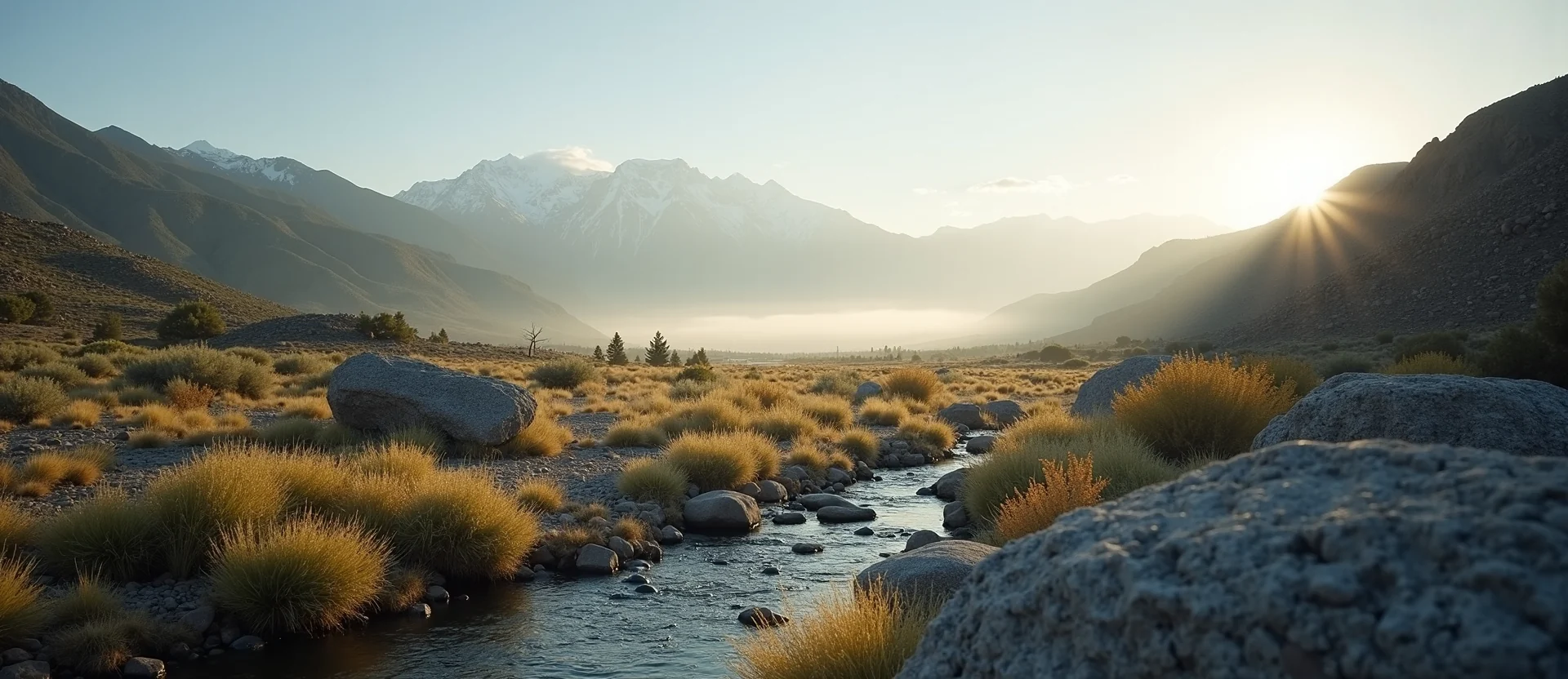 Symbolizing Stability/Peak: A local Rabbitbrush distant Sierra horizon. - AI Generated