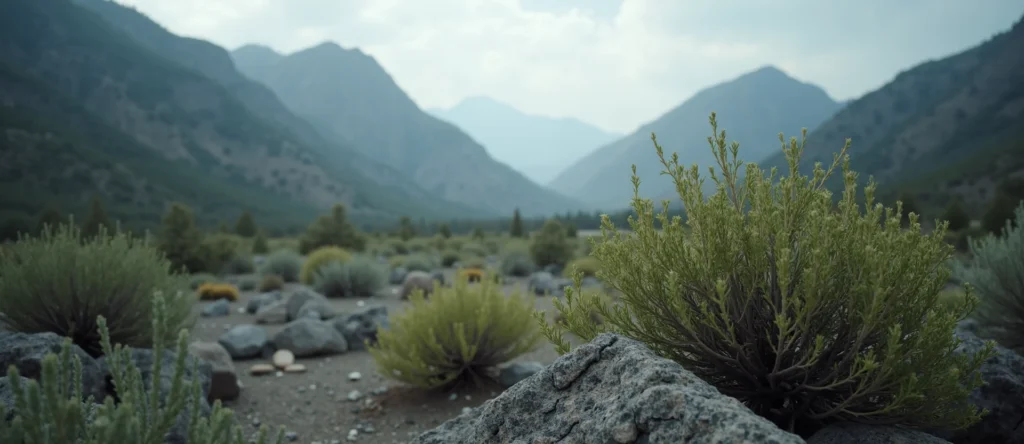 Symbolizing Flow/Cleansing: A local Sierra Juniper raindrops on desert leaves. - AI Generated