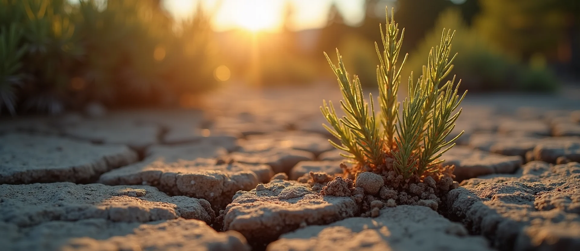 Symbolizing Seed/New Beginning: A local Sierra Juniper shoot emerging from cracked soil. - AI Generated