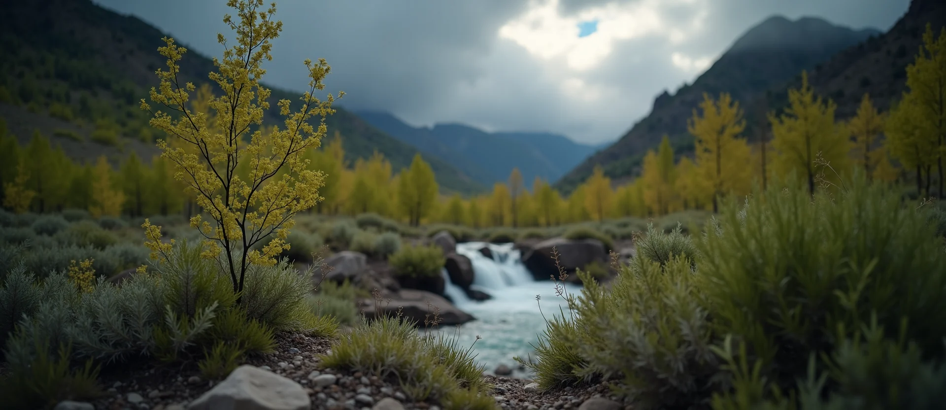 Symbolizing Flow/Cleansing: A local Bitterbrush hidden small waterfall. - AI Generated