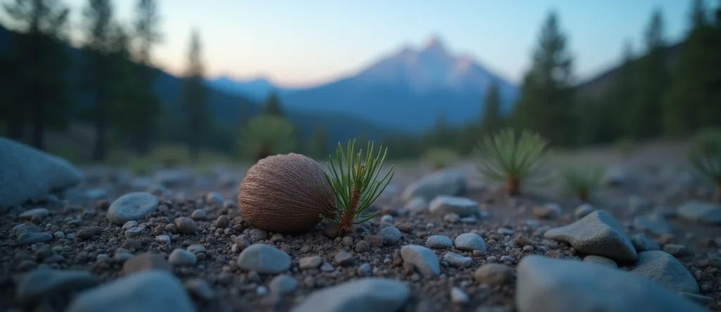 Symbolizing Seed/New Beginning: A local Sierra Juniper single pine seed on dry earth. - AI Generated