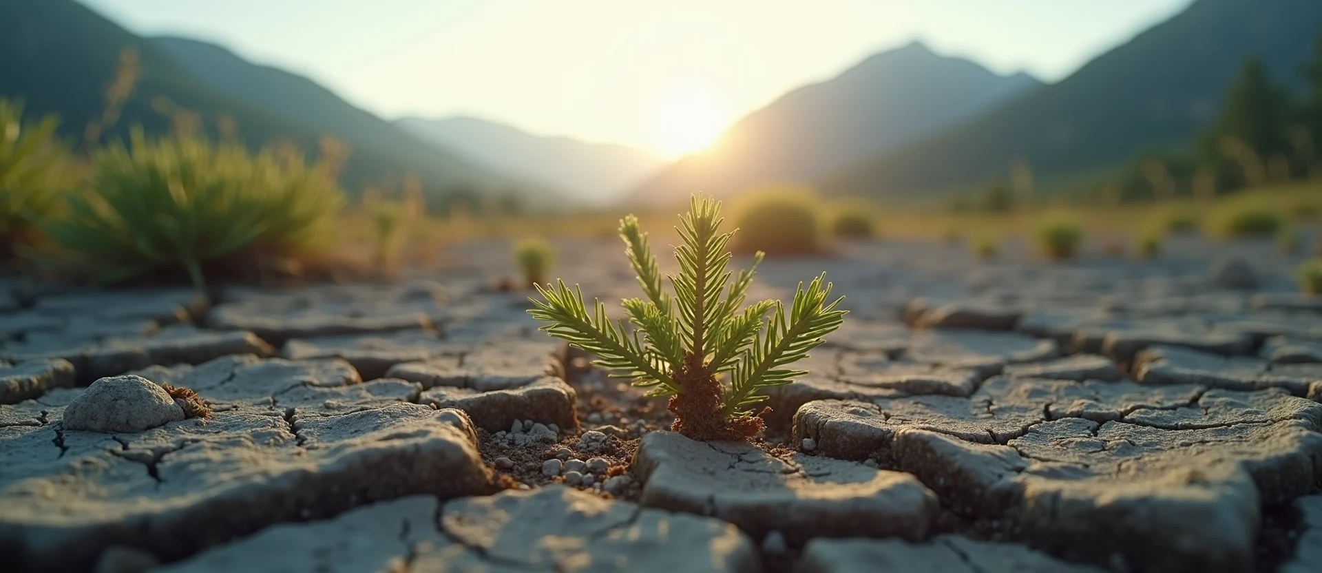 Symbolizing Seed/New Beginning: A local Desert Peach shoot emerging from cracked soil. - AI Generated