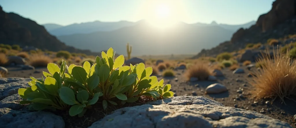 Symbolizing Flow/Cleansing: A local Bitterbrush raindrops on desert leaves. - AI Generated
