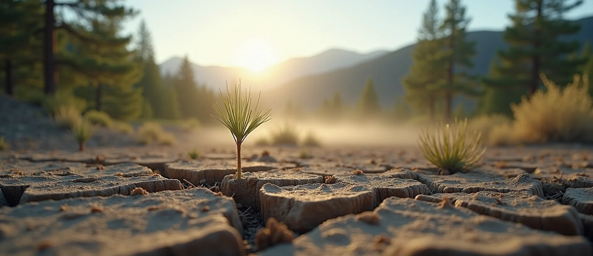 Symbolizing Seed/New Beginning: A local Ponderosa Pine shoot emerging from cracked soil. - AI Generated