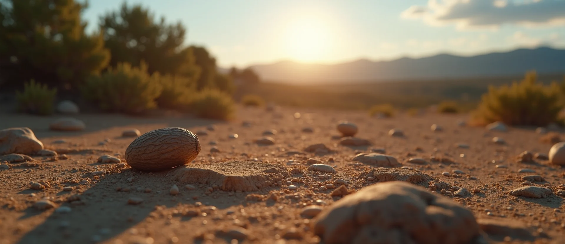 Symbolizing Seed/New Beginning: A local Sierra Juniper single pine seed on dry earth. - AI Generated