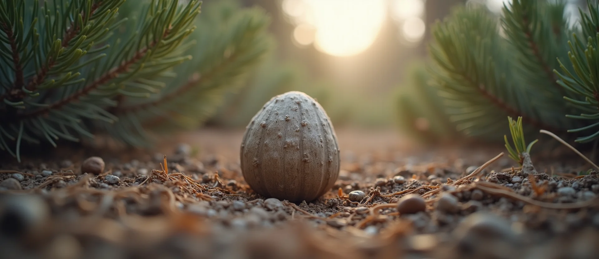 Symbolizing Seed/New Beginning: A local Sierra Juniper single pine seed on dry earth. - AI Generated