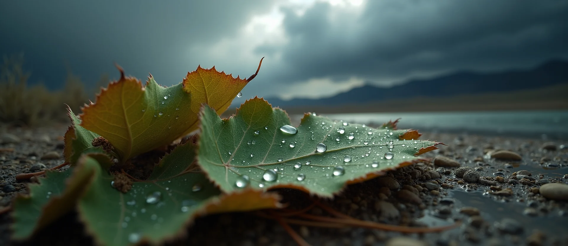Symbolizing Flow/Cleansing: A local Bitterbrush raindrops on desert leaves. - AI Generated