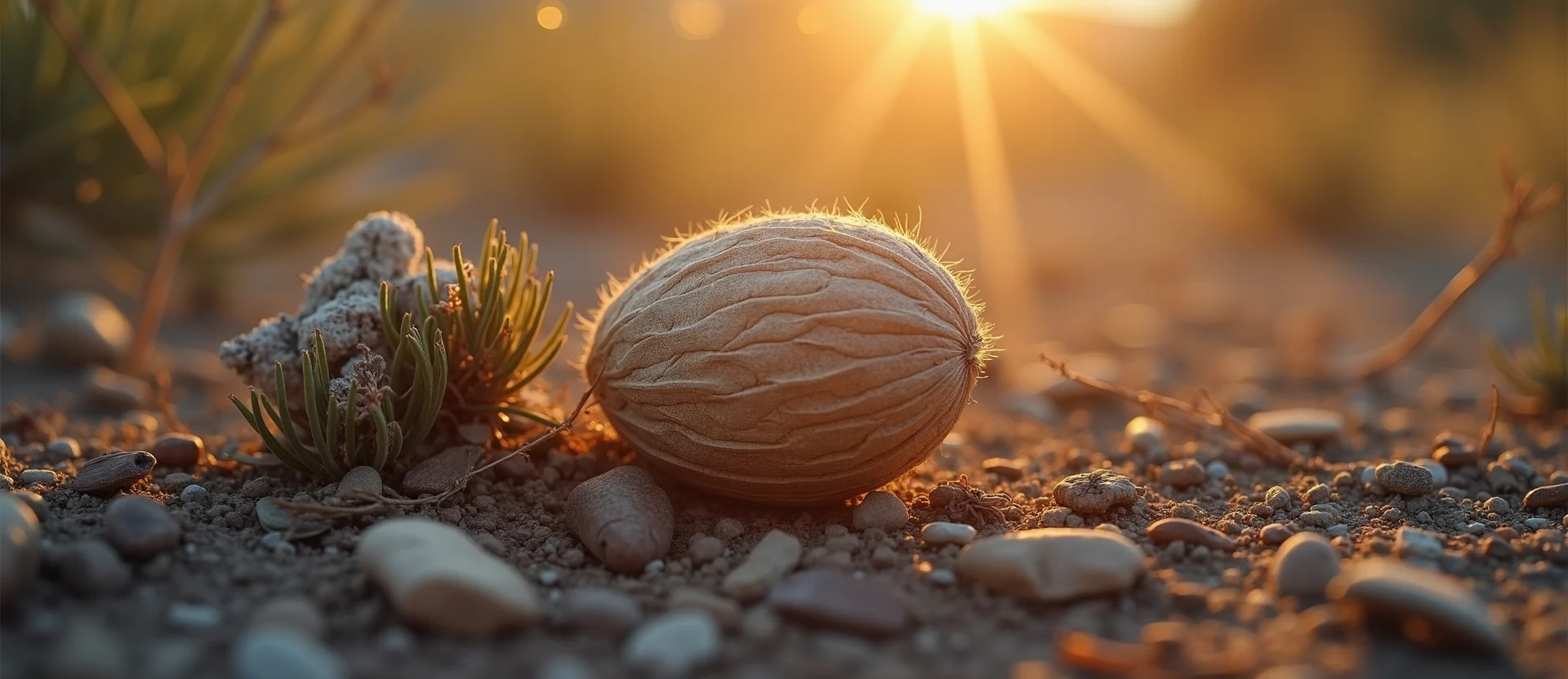 Symbolizing Seed/New Beginning: A local Rabbitbrush single pine seed on dry earth. - AI Generated