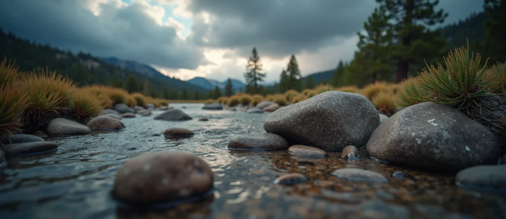 Symbolizing Flow/Cleansing: A local Sierra Juniper smooth Truckee river stones. - AI Generated