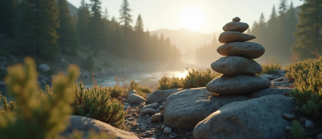 Symbolizing Stability/Peak: A local Manzanita ancient rock cairn. - AI Generated