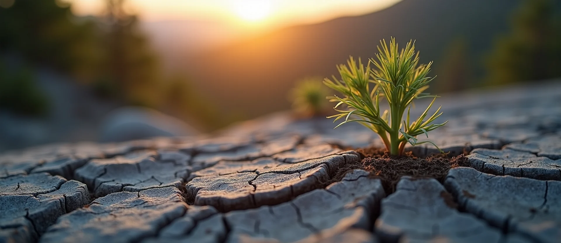 Symbolizing Seed/New Beginning: A local Ponderosa Pine shoot emerging from cracked soil. - AI Generated