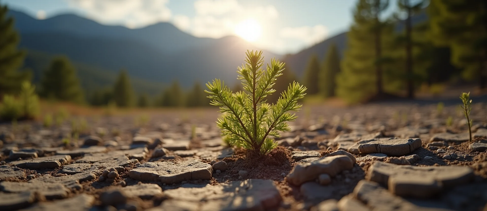 Symbolizing Seed/New Beginning: A local Sierra Juniper shoot emerging from cracked soil. - AI Generated