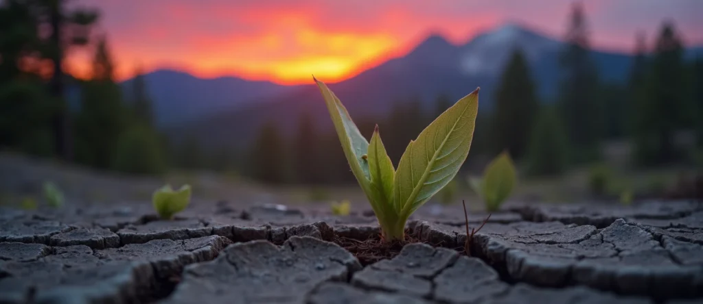 Symbolizing Seed/New Beginning: A local Ponderosa Pine shoot emerging from cracked soil. - AI Generated