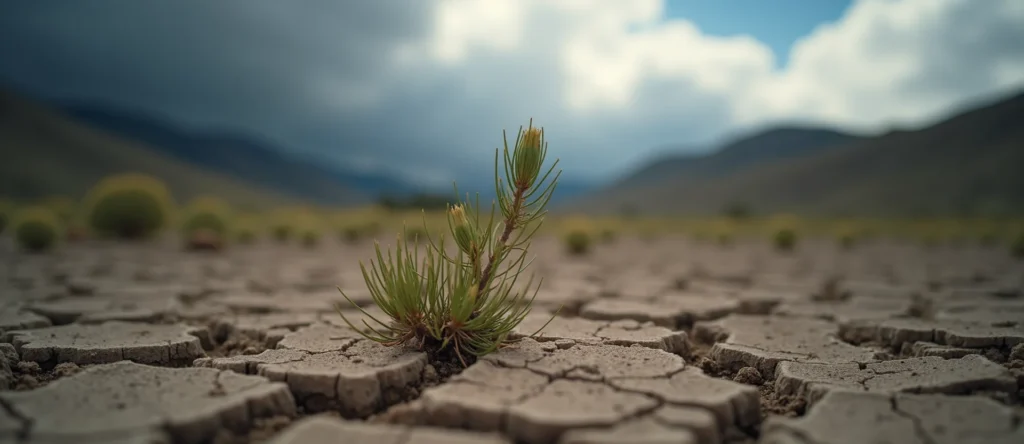 Symbolizing Seed/New Beginning: A local Rabbitbrush shoot emerging from cracked soil. - AI Generated