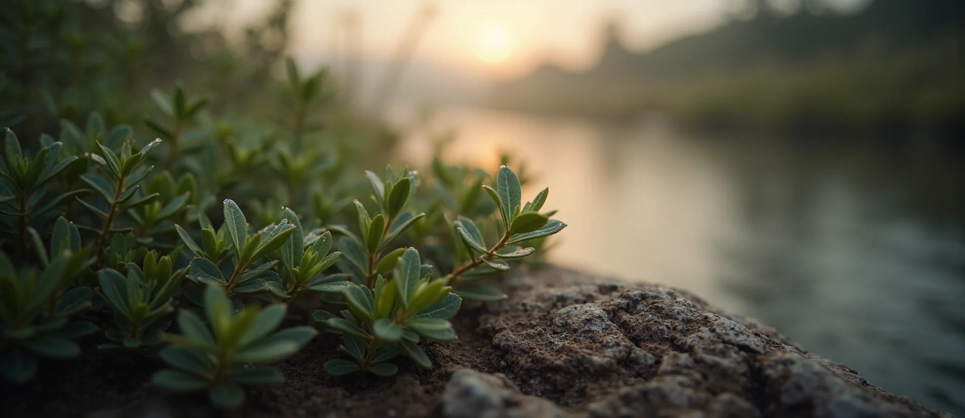 Symbolizing Flow/Cleansing: A local Sagebrush (Artemisia tridentata) raindrops on desert leaves. - AI Generated