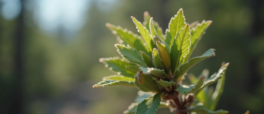 Symbolizing Seed/New Beginning: A local Mountain Mahogany new green bud on a branch. - AI Generated