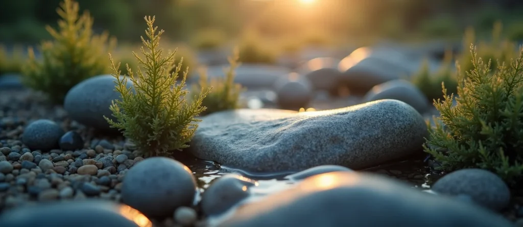 Symbolizing Flow/Cleansing: A local Sagebrush (Artemisia tridentata) smooth Truckee river stones. - AI Generated