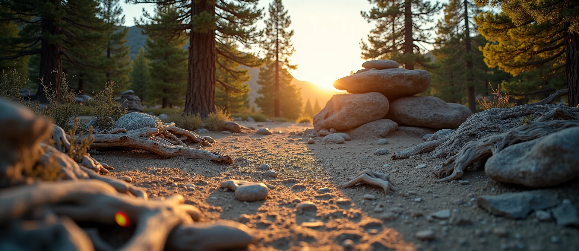 Symbolizing Stability/Peak: A local Sierra Juniper ancient rock cairn. - AI Generated