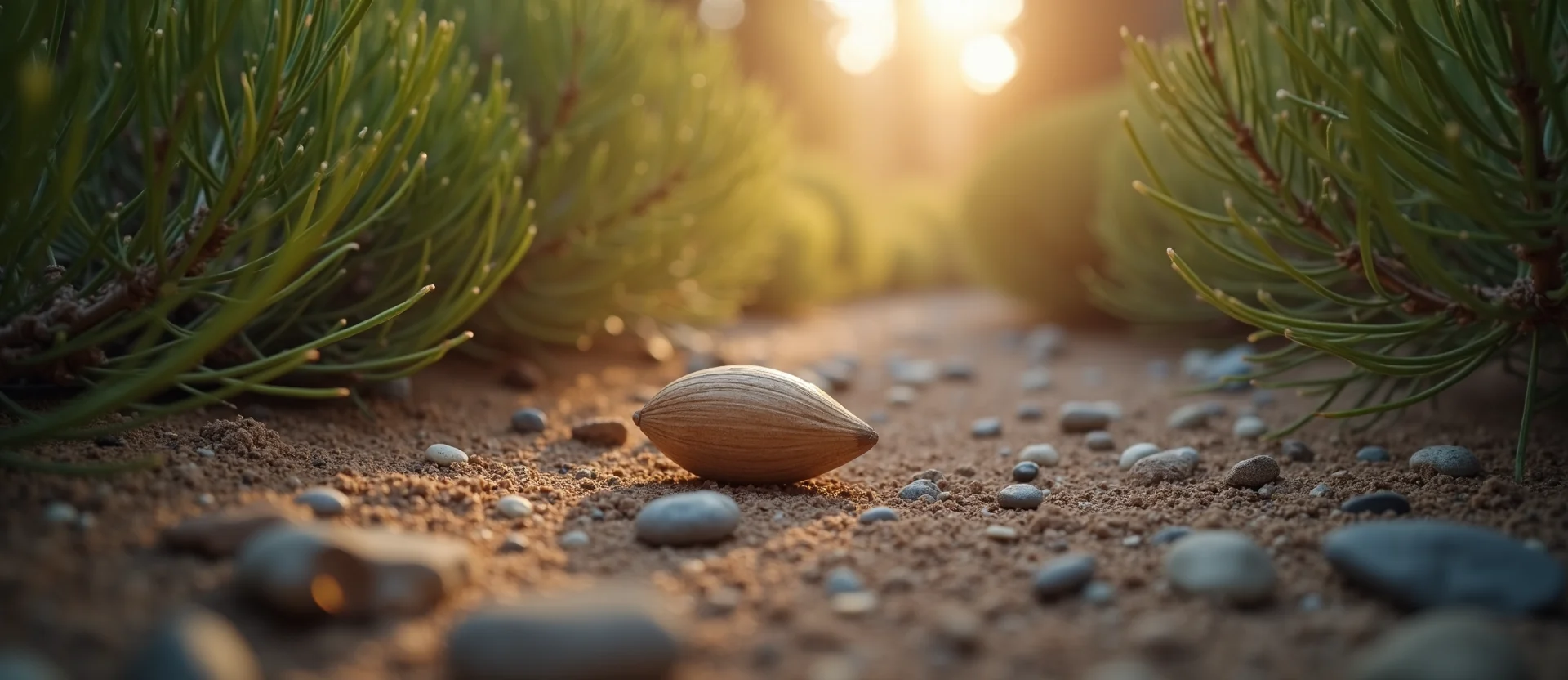 Symbolizing Seed/New Beginning: A local Sierra Juniper single pine seed on dry earth. - AI Generated