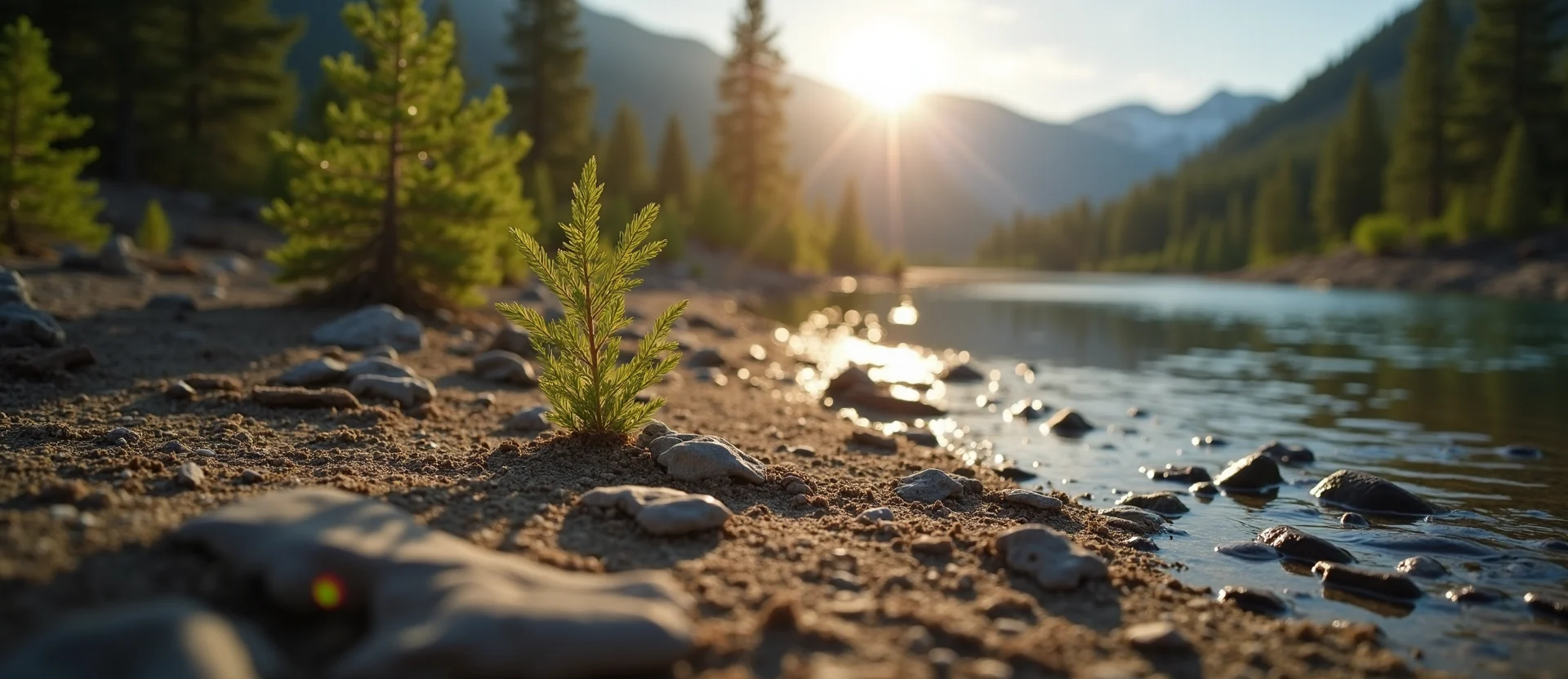 Symbolizing Seed/New Beginning: A local Ponderosa Pine shoot emerging from cracked soil. - AI Generated