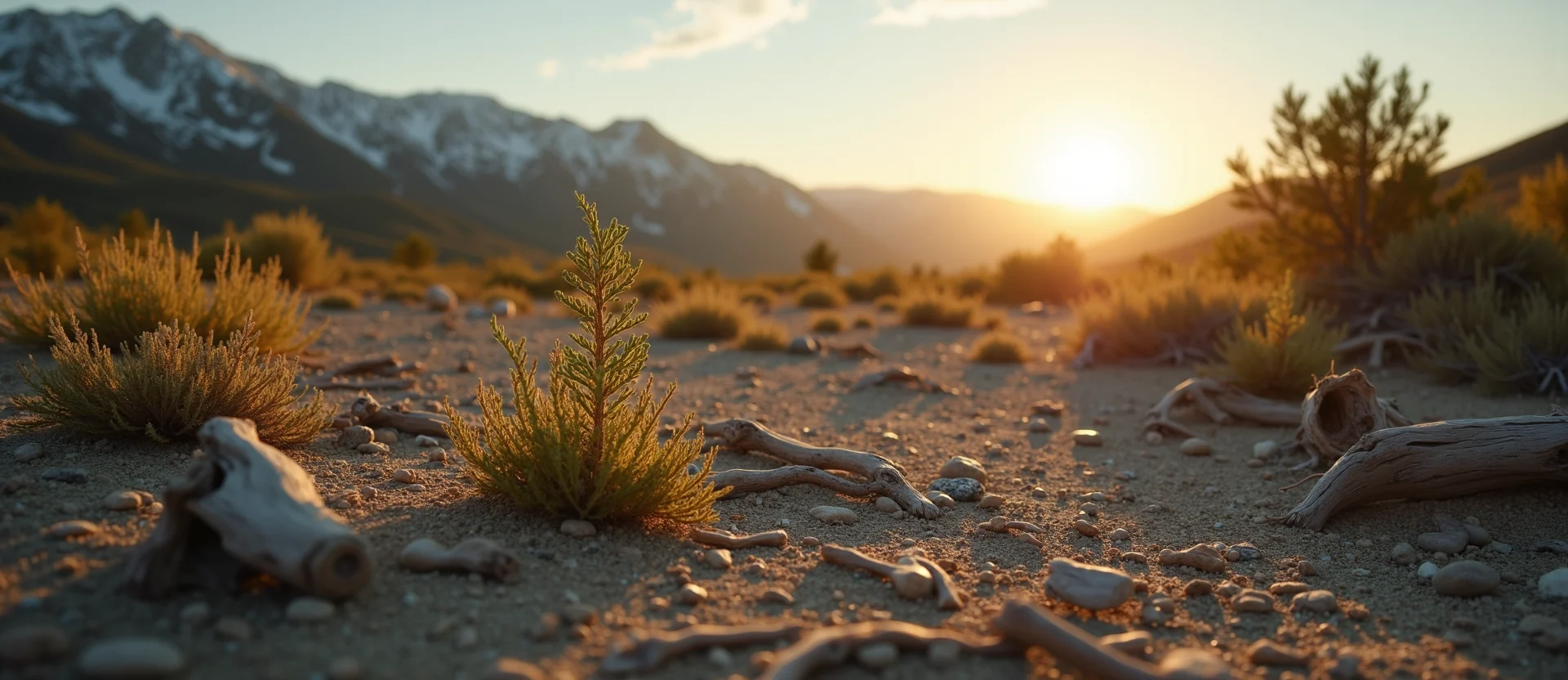 Symbolizing Seed/New Beginning: A local Sierra Juniper sprouting sagebrush seedling. - AI Generated