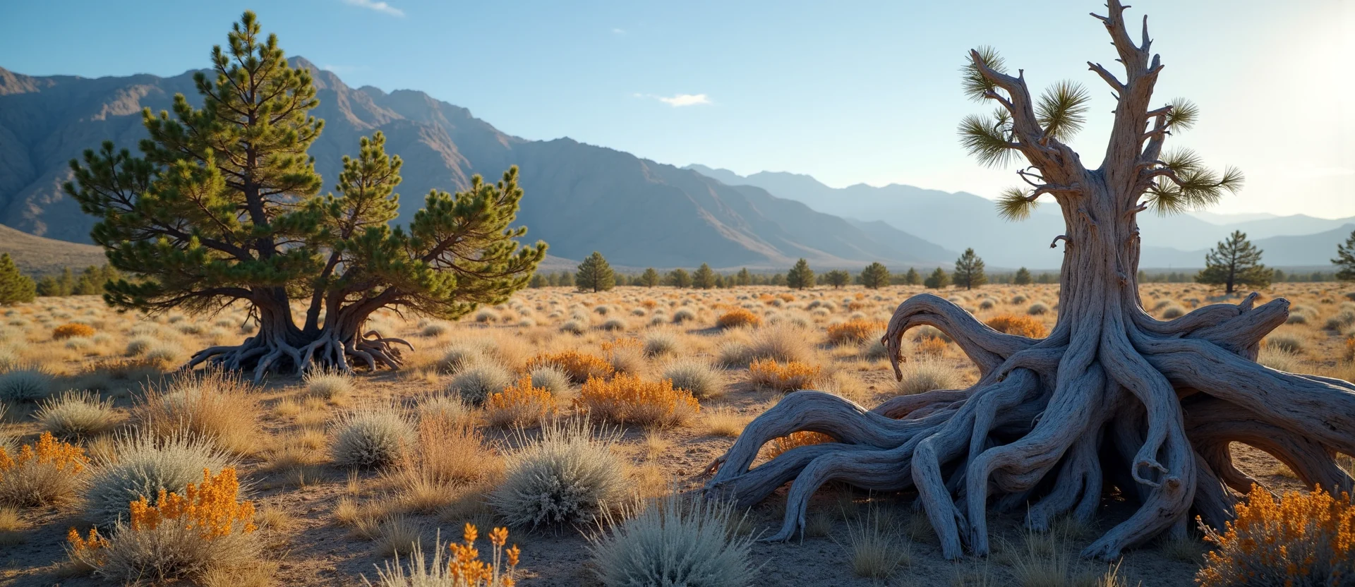 Symbolizing Growth/Resilience: A local Indian Paintbrush gnarled juniper roots. - AI Generated