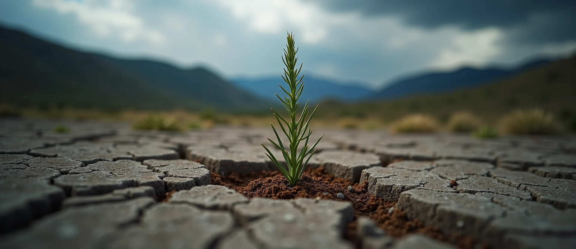 Symbolizing Seed/New Beginning: A local Mountain Mahogany shoot emerging from cracked soil. - AI Generated