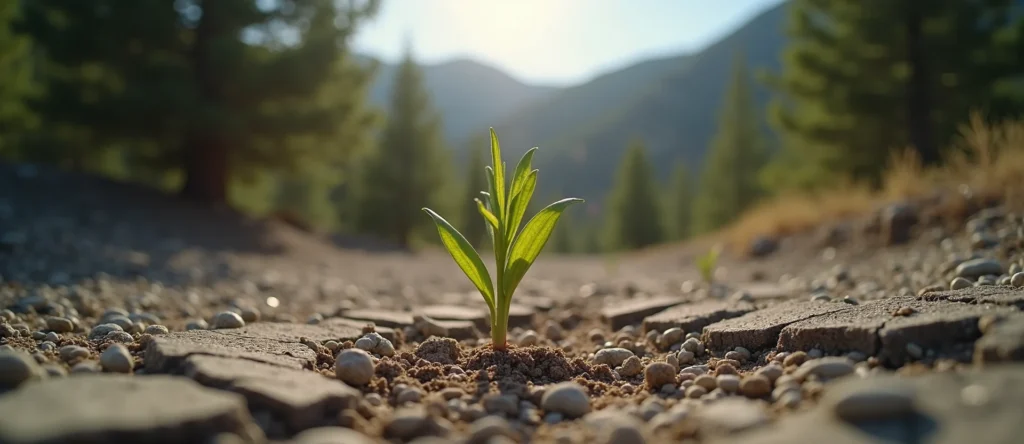 Symbolizing Seed/New Beginning: A local Mountain Mahogany shoot emerging from cracked soil. - AI Generated