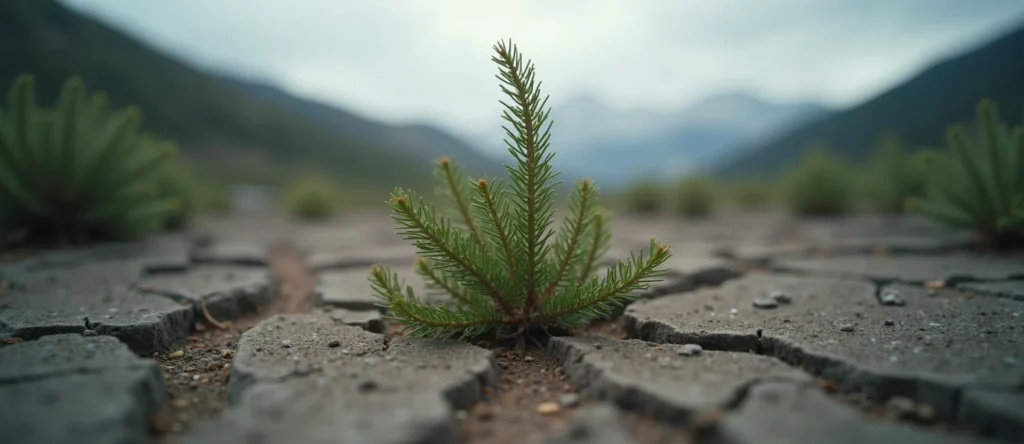Symbolizing Seed/New Beginning: A local Sagebrush (Artemisia tridentata) shoot emerging from cracked soil. - AI Generated