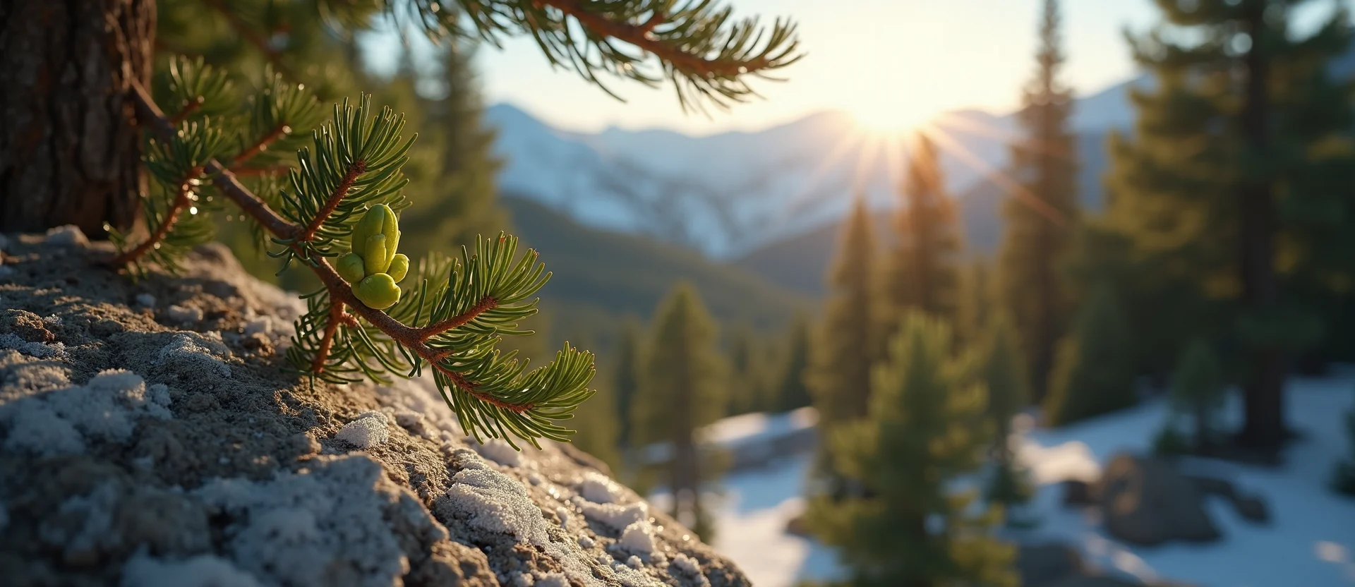 Symbolizing Seed/New Beginning: A local Ponderosa Pine new green bud on a branch. - AI Generated