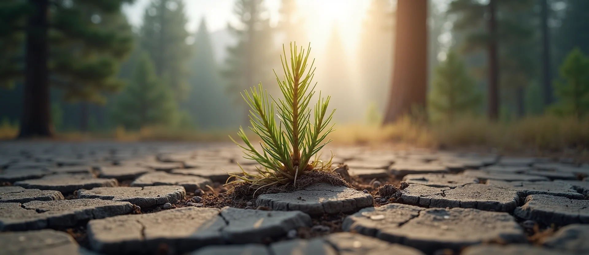 Symbolizing Seed/New Beginning: A local Sierra Juniper shoot emerging from cracked soil. - AI Generated