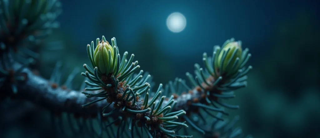 Symbolizing Seed/New Beginning: A local Sierra Juniper new green bud on a branch. - AI Generated