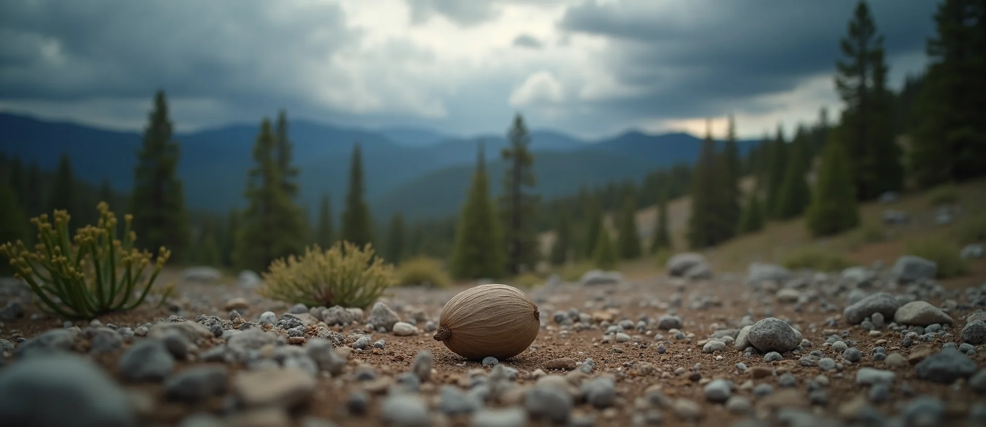 Symbolizing Seed/New Beginning: A local Mountain Mahogany single pine seed on dry earth. - AI Generated
