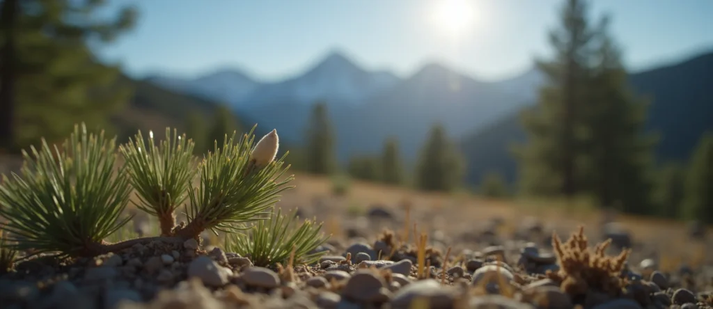 Symbolizing Seed/New Beginning: A local Sierra Juniper single pine seed on dry earth. - AI Generated