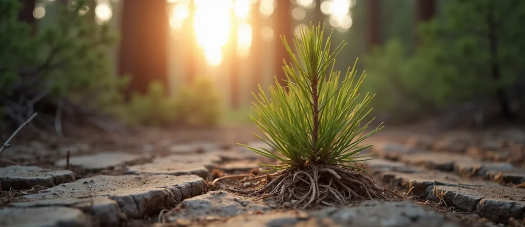 Symbolizing Seed/New Beginning: A local Bitterbrush shoot emerging from cracked soil. - AI Generated