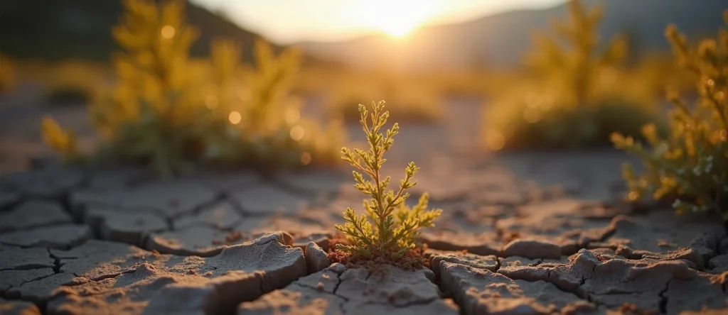 Symbolizing Seed/New Beginning: A local Manzanita shoot emerging from cracked soil. - AI Generated