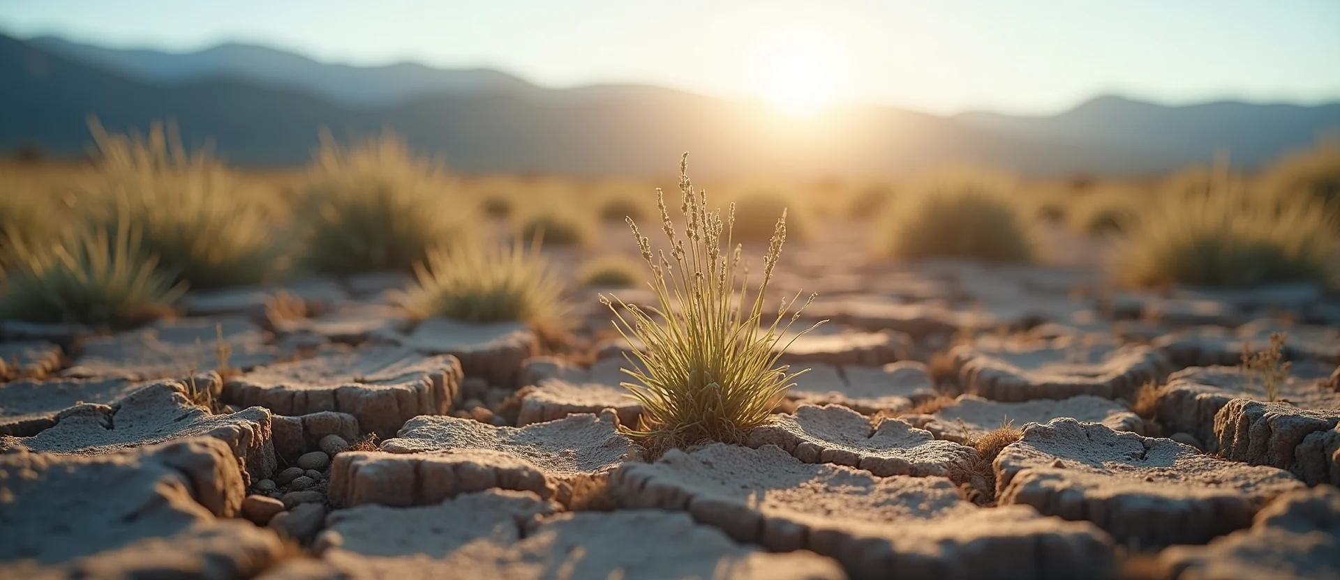 Symbolizing Seed/New Beginning: A local Sagebrush (Artemisia tridentata) shoot emerging from cracked soil. - AI Generated
